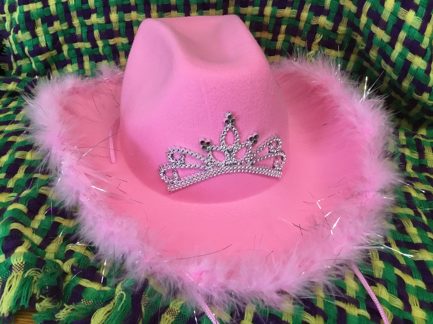 LIGHT UP PINK COWBOY HAT WITH TIARA & FEATHERS