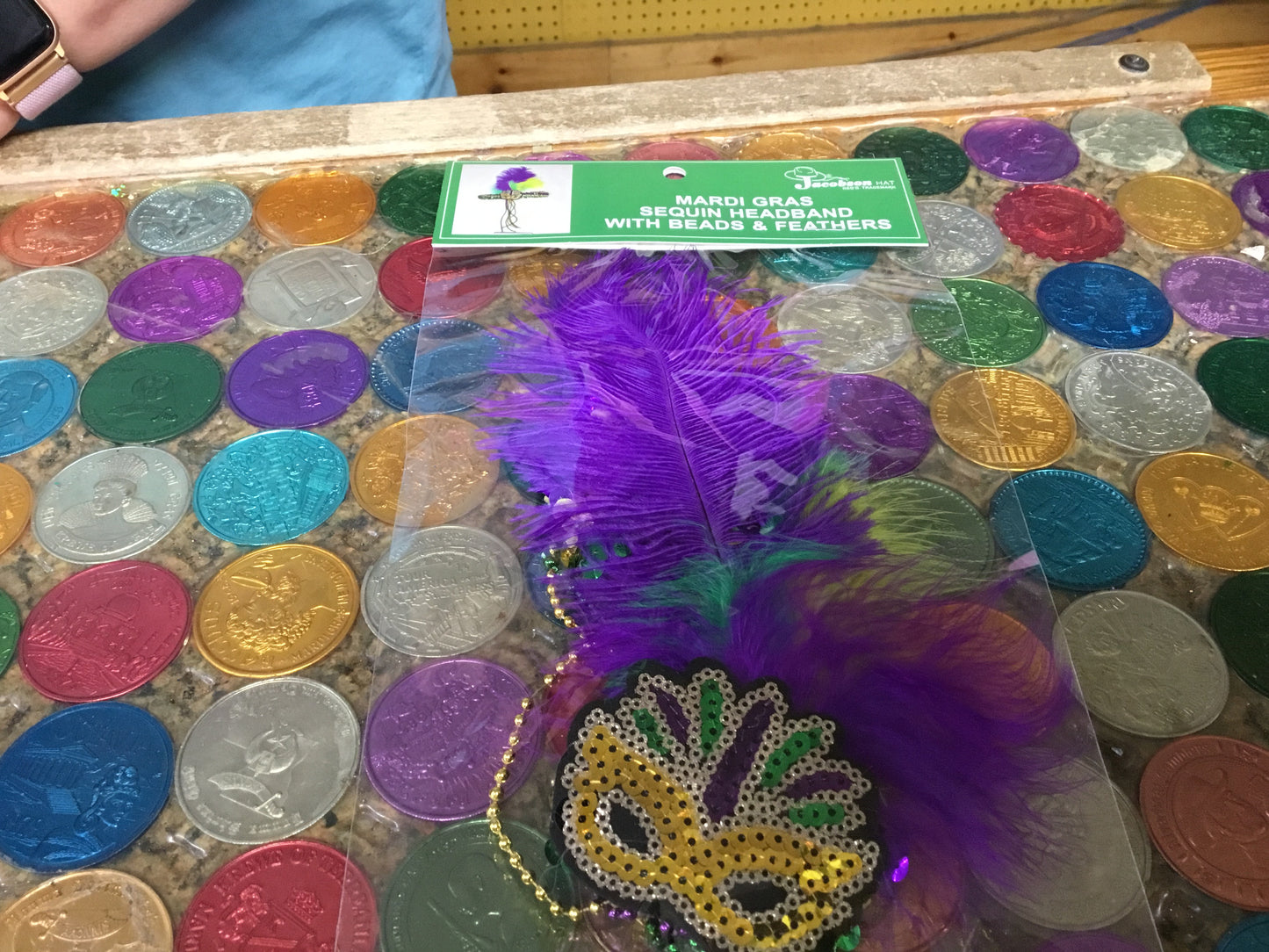 MARDI GRAS SEQUIN HEADBAND W/BEADS & FEATHERS