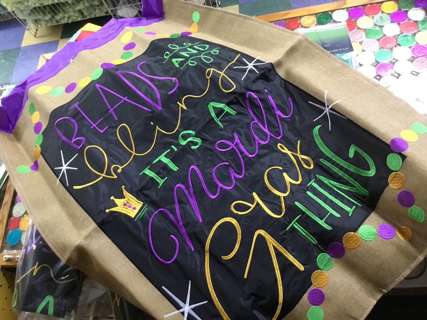BEADS, BLING MARDI GRAS BURLAP LARGE FLAG