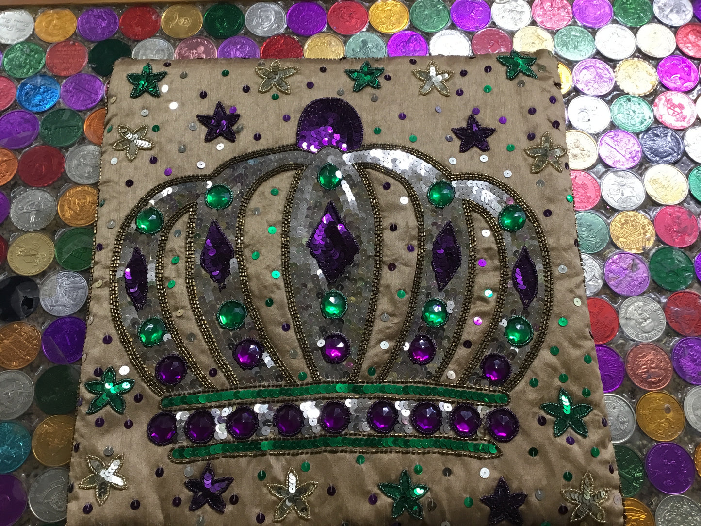 GOLD PILLOW WITH BEADED CROWN