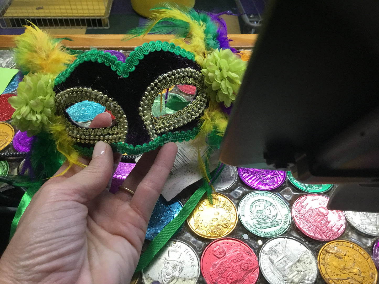 PURPLE VELVET MASK WITH FLOWERS & FEATHERS