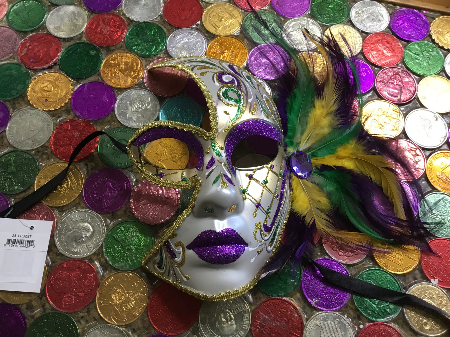 WHITE & PURPLE HALF FACE MASK WITH FEATHERS