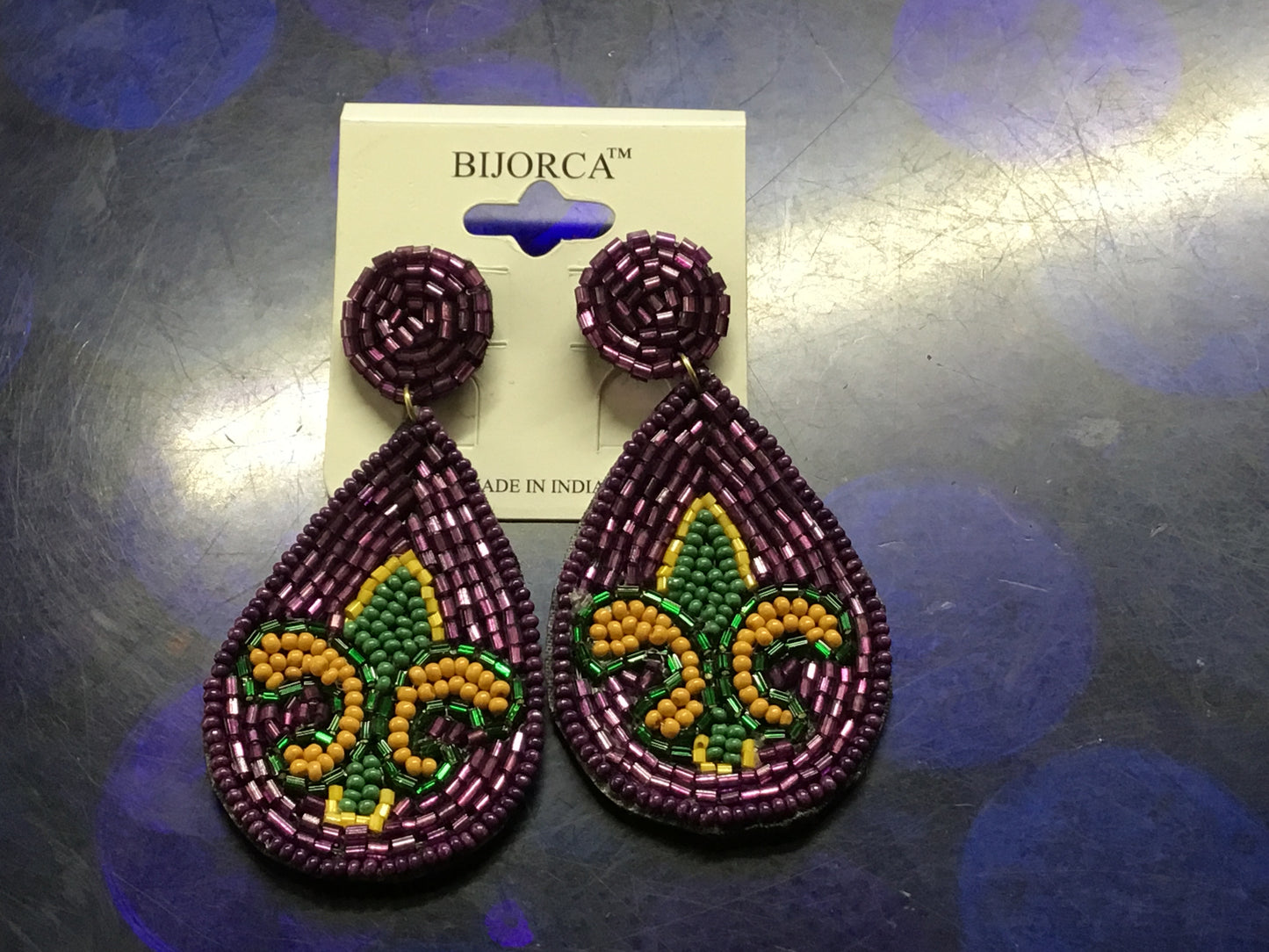 Mardi Gras FDL Teardrop Seed Bead Earrings