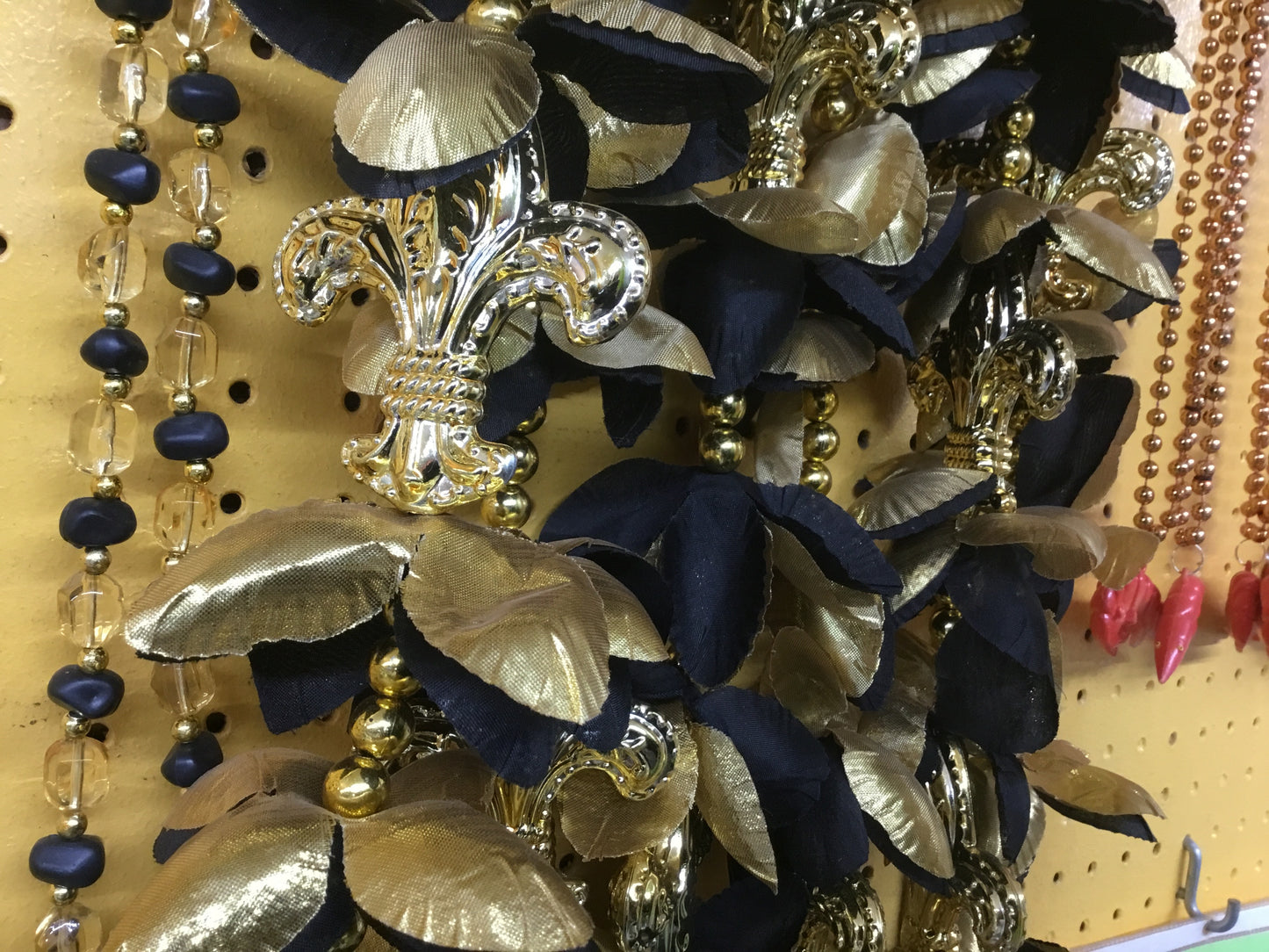 BLACK & GOLD LEI WITH LARGE FLEUR DE LEIS