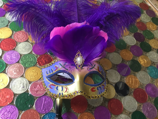 PURPLE MASK ON STICK w/FEATHERS
