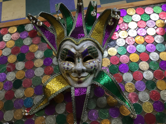 MARDI GRAS JESTER MASK WITH HORNS & BELLS