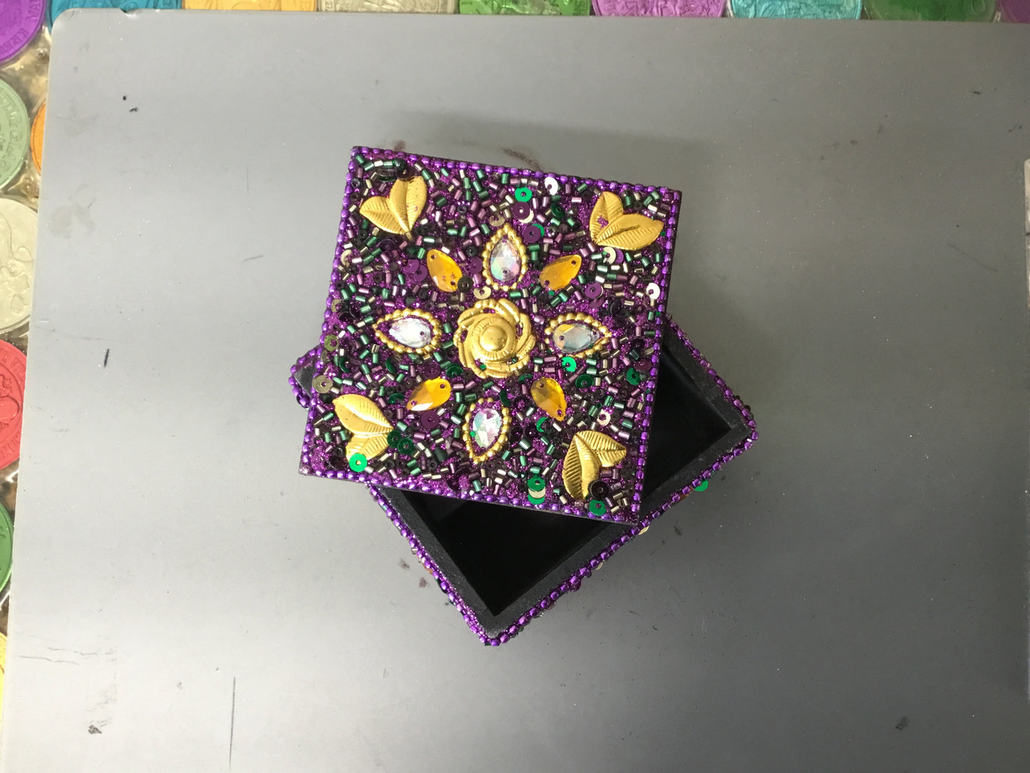 SQUARE JEWELED PURPLE BOX 3.5"