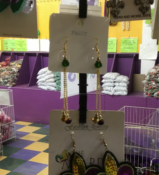 MARDI GRAS CRYSTAL 2 GOLD CHAIN HOOK EARRINGS