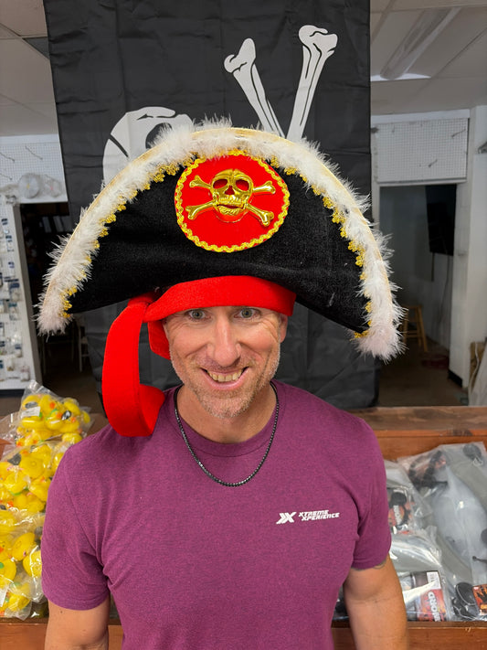 PIRATE HAT WITH RED BANDANA & GOLD SKULL & CROSSBONES