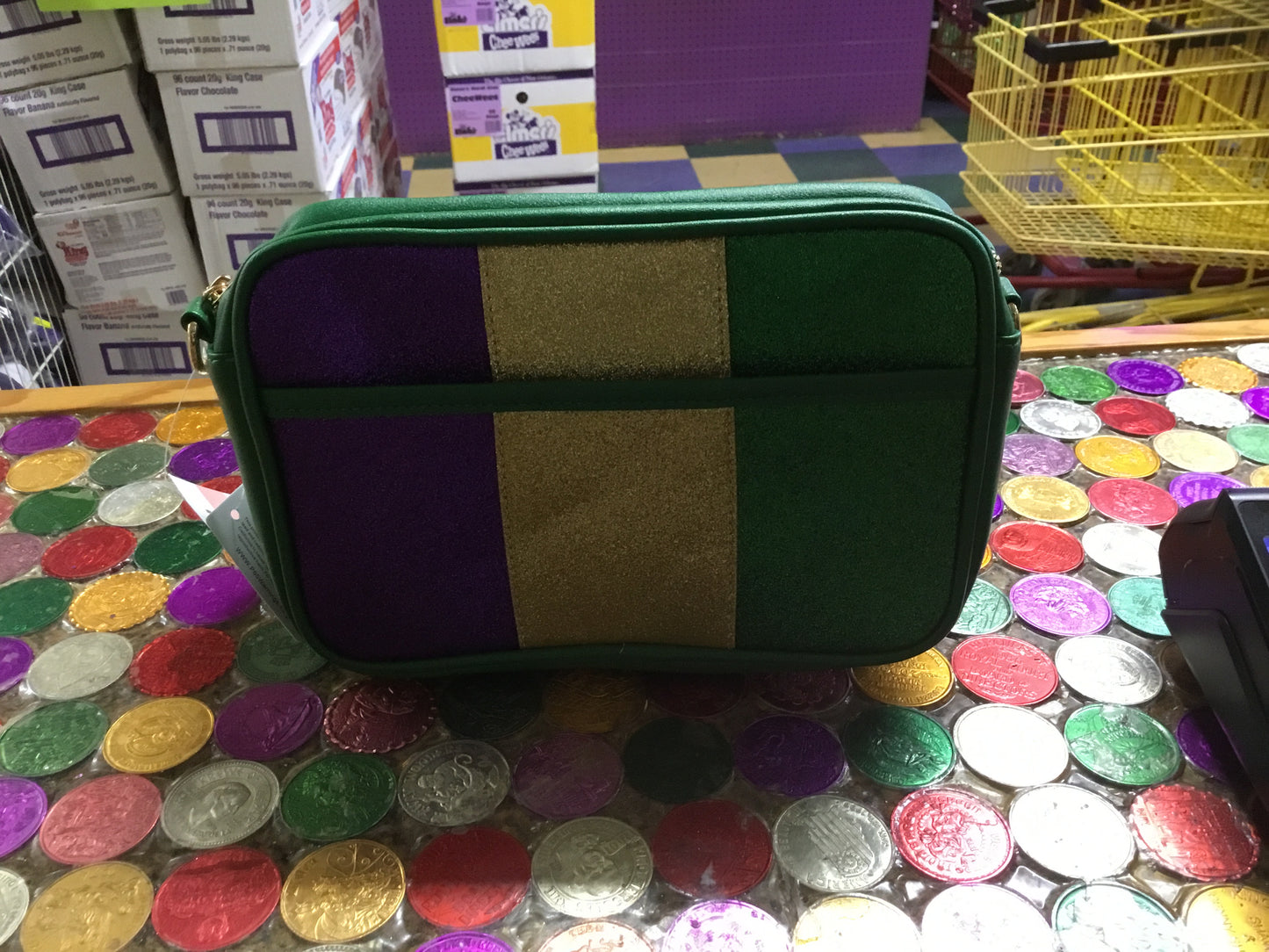 GREEN MARDI GRAS GLITTER CROSSBODY BAG
