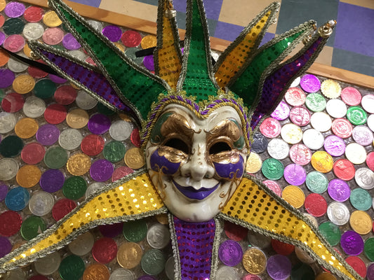 MARDI GRAS JESTER FULL FACE MASK WITH HORNS & BELLS