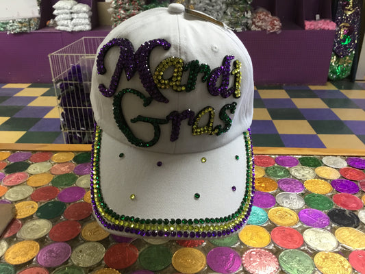 MARDI GRAS WORD WHITE BALL CAP