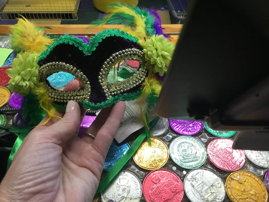 PURPLE VELVET MASK WITH FLOWERS & FEATHERS