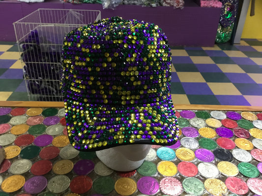 MARDI GRAS ALL CRYSTALS BLACK BALL CAP