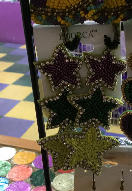 MARDI GRAS SEQUIN SEED BEAD 3 STACKED STAR POST EARRINGS