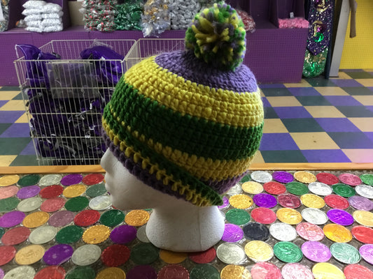 MARDI GRAS CROCHETED KNIT HAT WITH POM POM