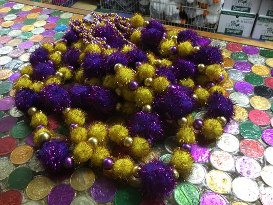 PURPLE & GOLD TINSEL POM POM BEAD